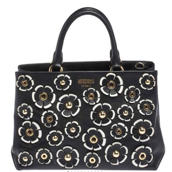 PreLoved Authentic Moschino Black Floral Applique Leather Tote - Picture 4 of 8
